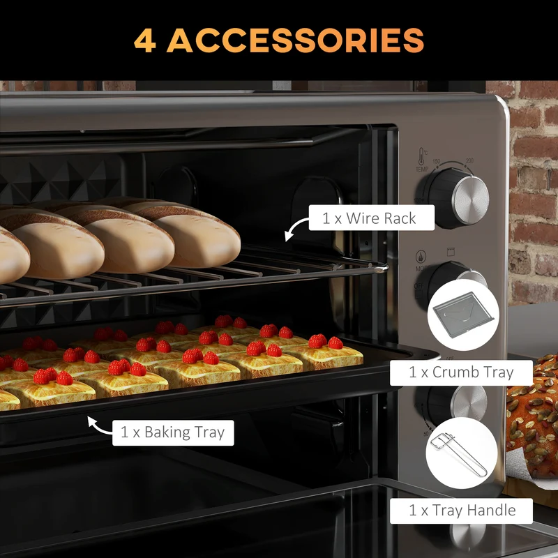 30 L Mini Oven, Countertop Electric Oven with Baking Tray and Wire Rack, 1600W, Silver
