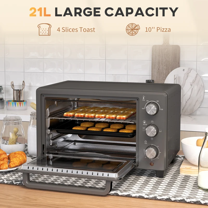 Mini Oven, 21L Countertop Electric Grill with Baking Tray and Wire Rack, 1400W, Grey