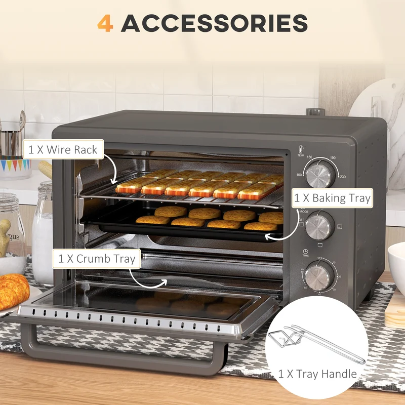 Mini Oven, 21L Countertop Electric Grill with Baking Tray and Wire Rack, 1400W, Grey