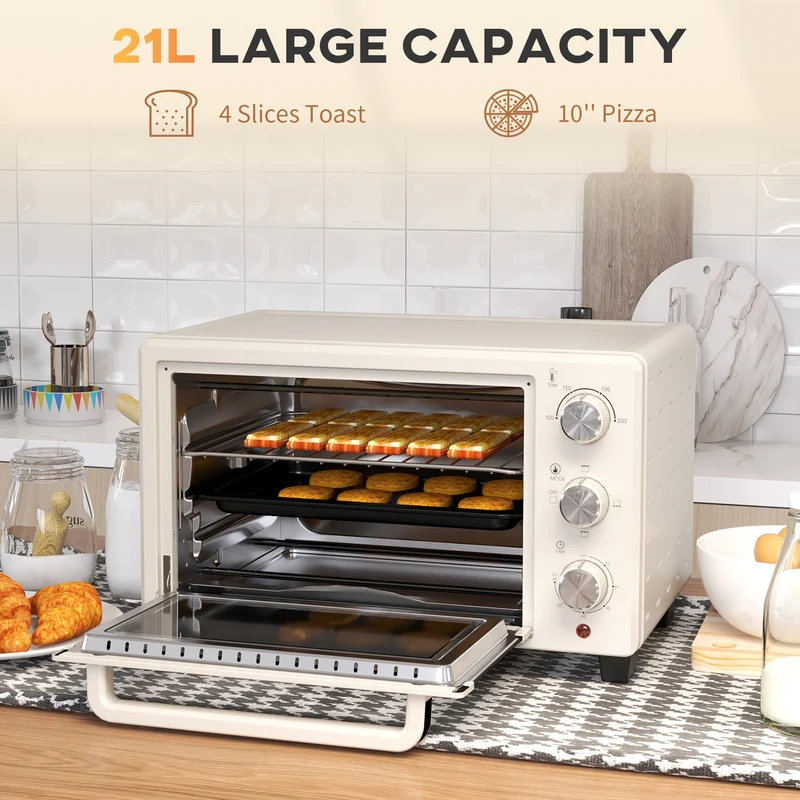 Mini Oven, 21L Countertop Electric Grill with Baking Tray and Wire Rack, 1400W, Cream