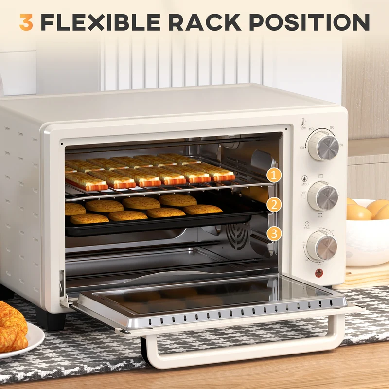 Mini Oven, 21L Countertop Electric Grill with Baking Tray and Wire Rack, 1400W, Cream