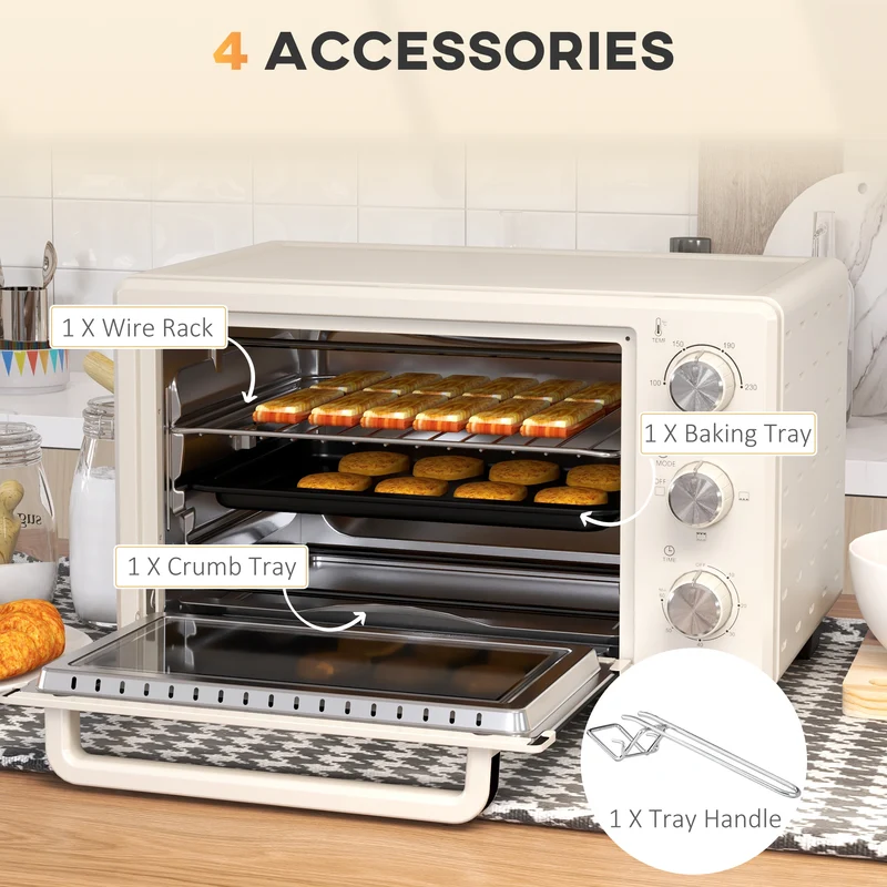 Mini Oven, 21L Countertop Electric Grill with Baking Tray and Wire Rack, 1400W, Cream