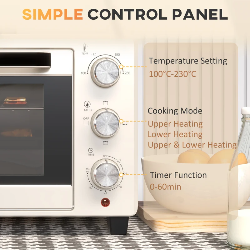 Mini Oven, 21L Countertop Electric Grill with Baking Tray and Wire Rack, 1400W, Cream
