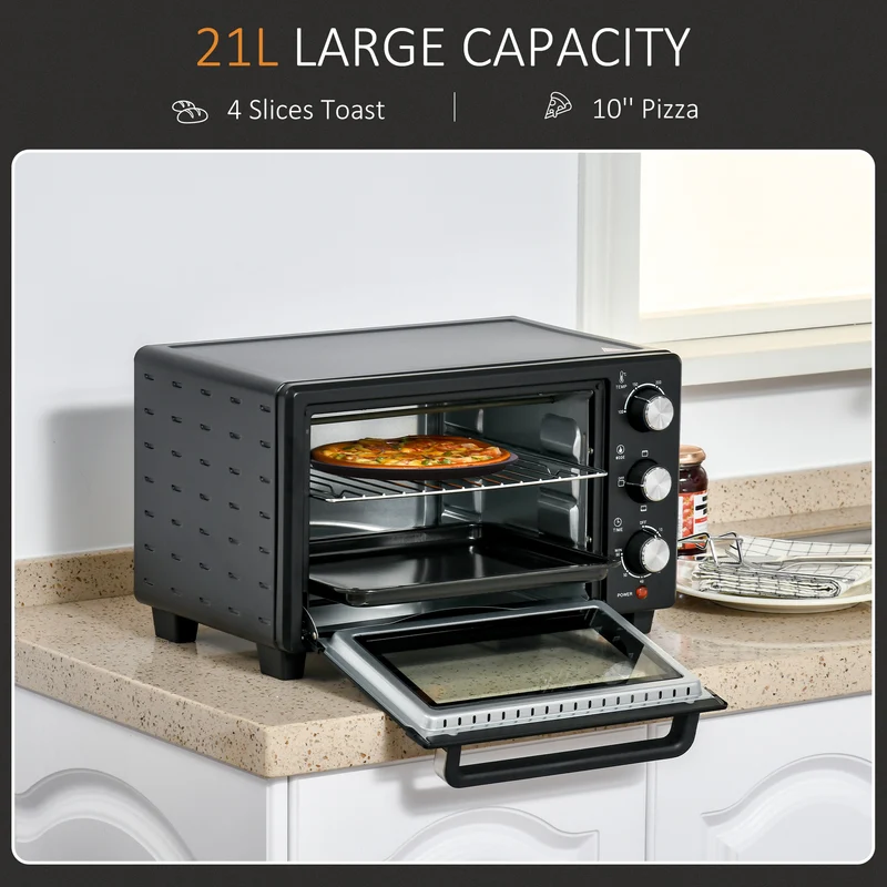 Mini Oven, 21L Countertop Electric Grill with Baking Tray and Wire Rack, 1400W, Black