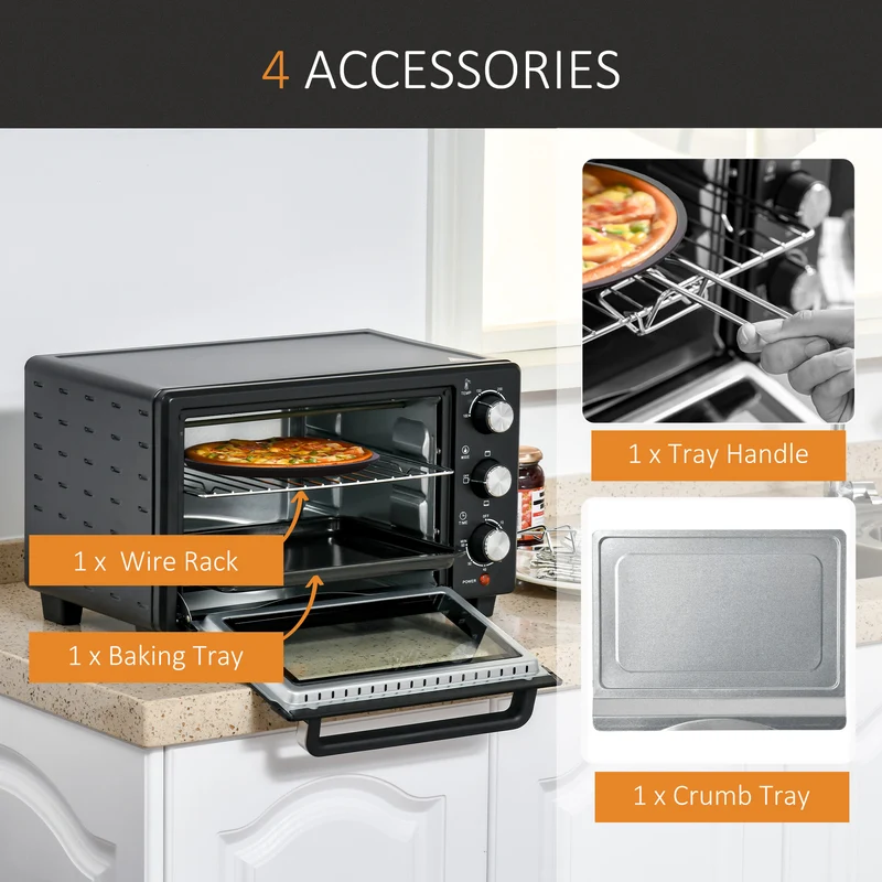 Mini Oven, 21L Countertop Electric Grill with Baking Tray and Wire Rack, 1400W, Black