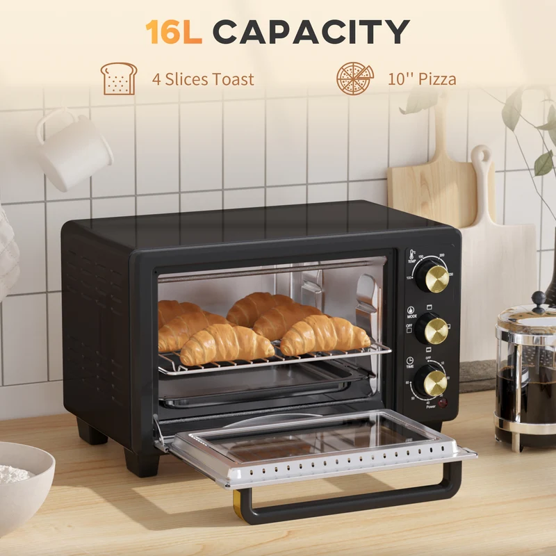 Mini Oven, 16L Countertop Electric Grill with Baking Tray and Wire Rack, 1400W, Black