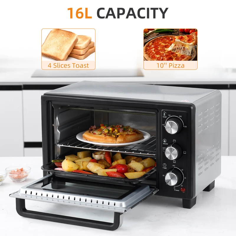 Mini Oven, 16L Countertop Electric Grill with Baking Tray and Wire Rack, 1400W, Silver