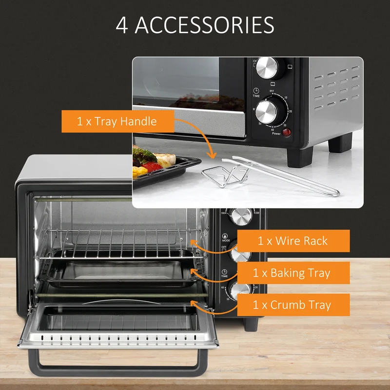 Mini Oven, 16L Countertop Electric Grill with Baking Tray and Wire Rack, 1400W, Silver