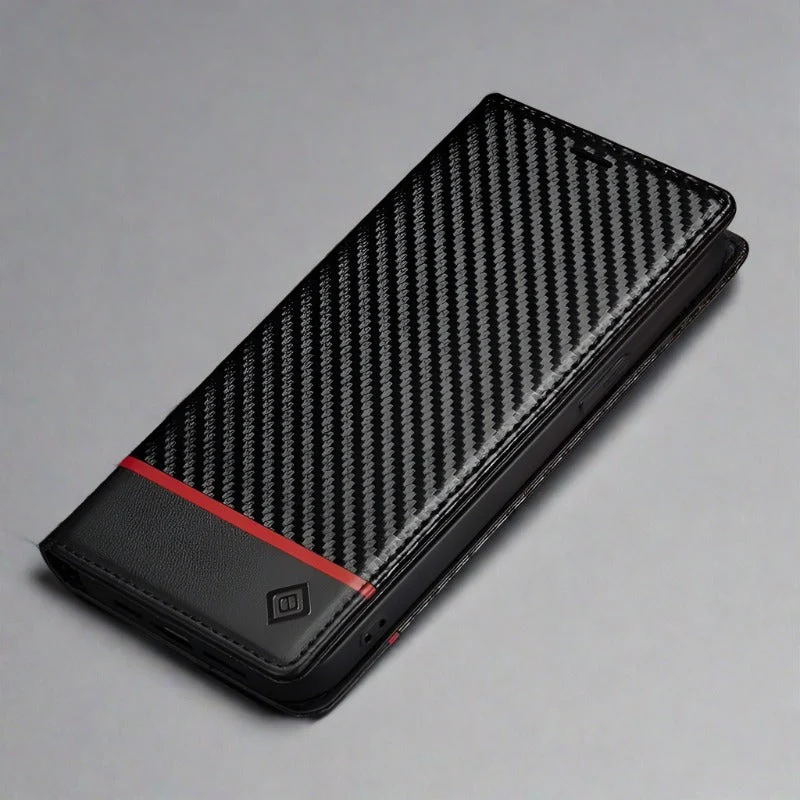 Skanto | S23 Handyhülle | Carbonfaser-Leder-Wallet mit Magnetverschluss