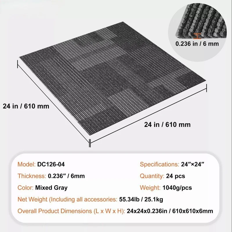 Teppichfliesen 24er Set Grau 61×61cm