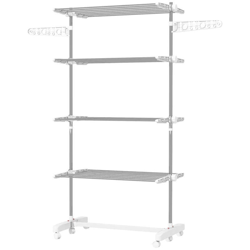 4-Tier Clothes Airer, Foldable Clothes Drying Rack with Wheels & Wings, Easy Assembly, White