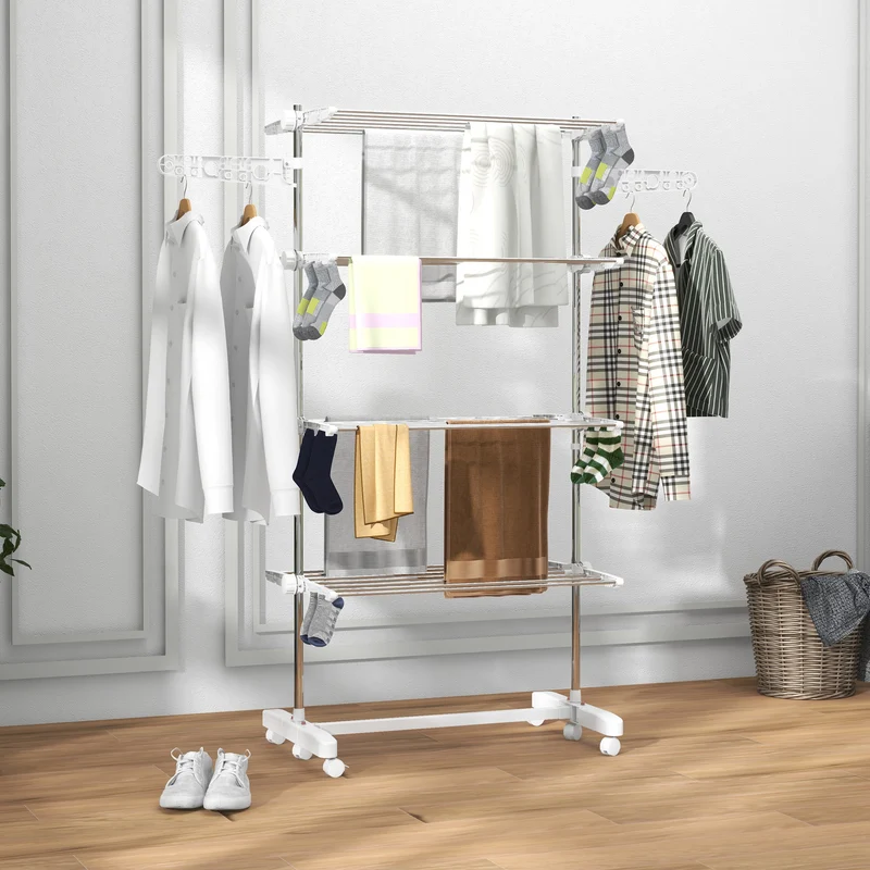 4-Tier Clothes Airer, Foldable Clothes Drying Rack with Wheels & Wings, Easy Assembly, White