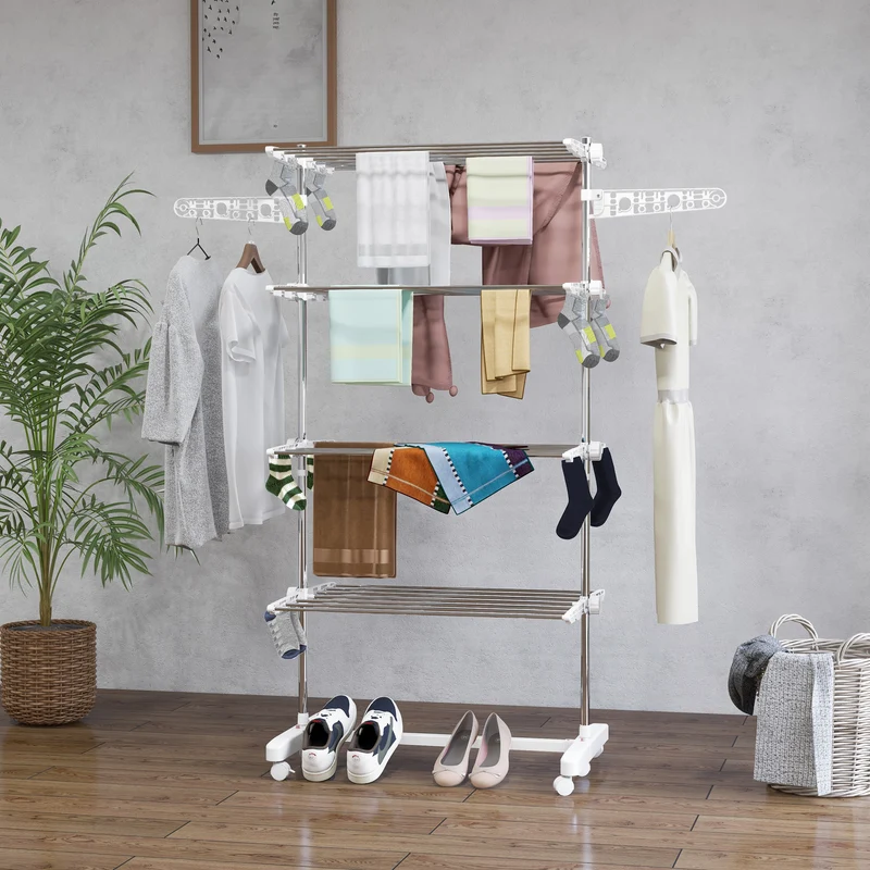 4-Tier Clothes Airer, Foldable Clothes Drying Rack with Wheels & Wings, Easy Assembly, White