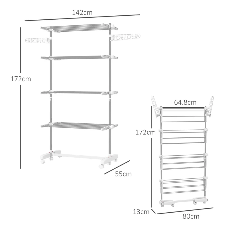 4-Tier Clothes Airer, Foldable Clothes Drying Rack with Wheels & Wings, Easy Assembly, White