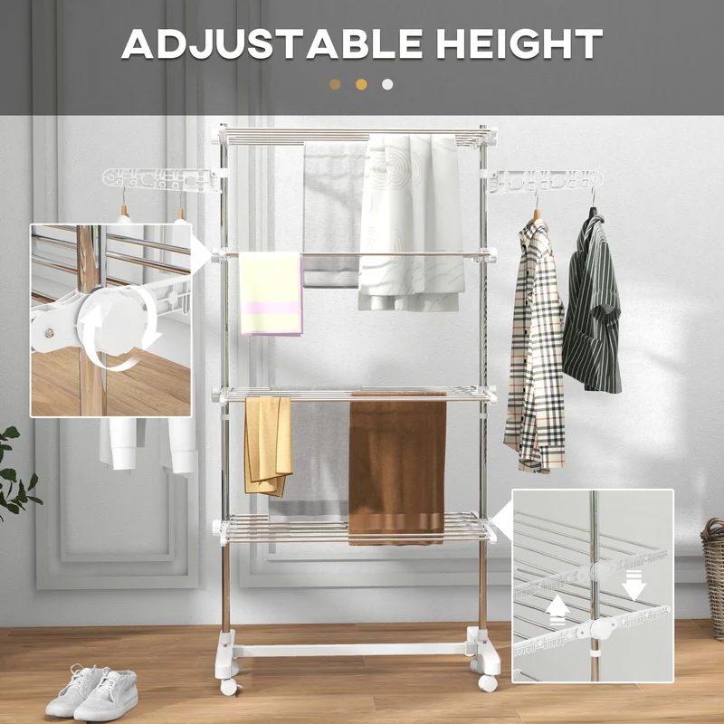 4-Tier Clothes Airer, Foldable Clothes Drying Rack with Wheels & Wings, Easy Assembly, White