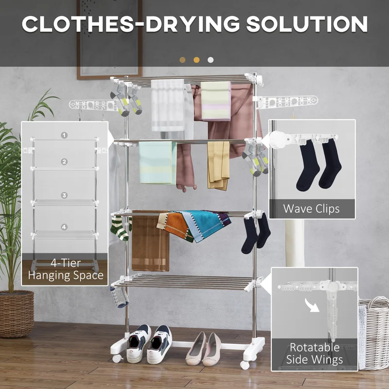 4-Tier Clothes Airer, Foldable Clothes Drying Rack with Wheels & Wings, Easy Assembly, White