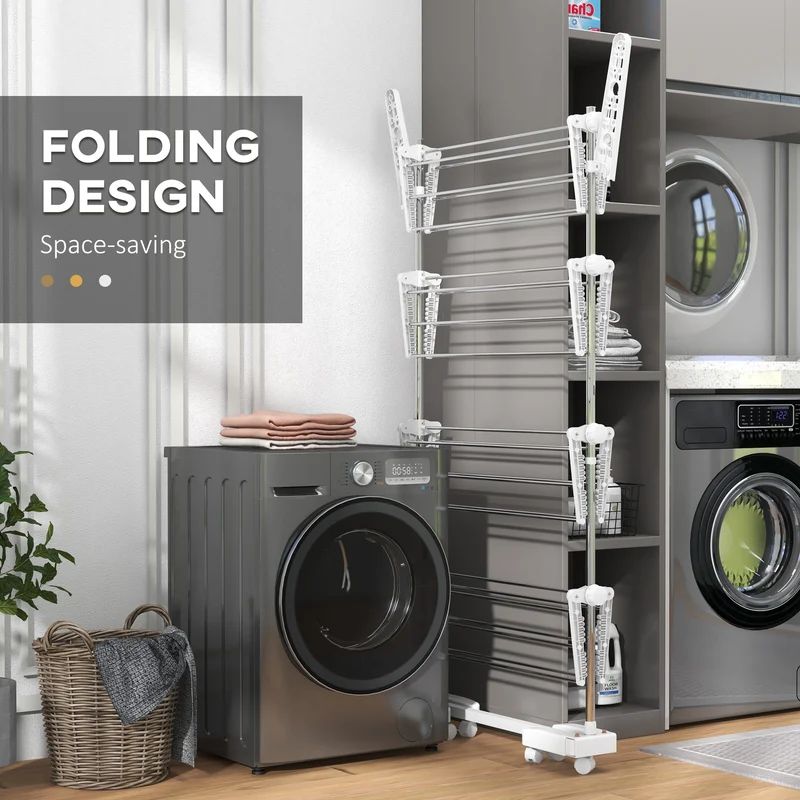 4-Tier Clothes Airer, Foldable Clothes Drying Rack with Wheels & Wings, Easy Assembly, White