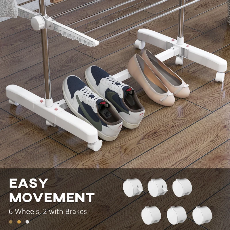 4-Tier Clothes Airer, Foldable Clothes Drying Rack with Wheels & Wings, Easy Assembly, White