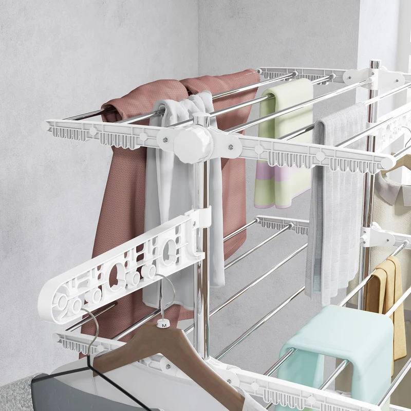 4-Tier Clothes Airer, Foldable Clothes Drying Rack with Wheels & Wings, Easy Assembly, White