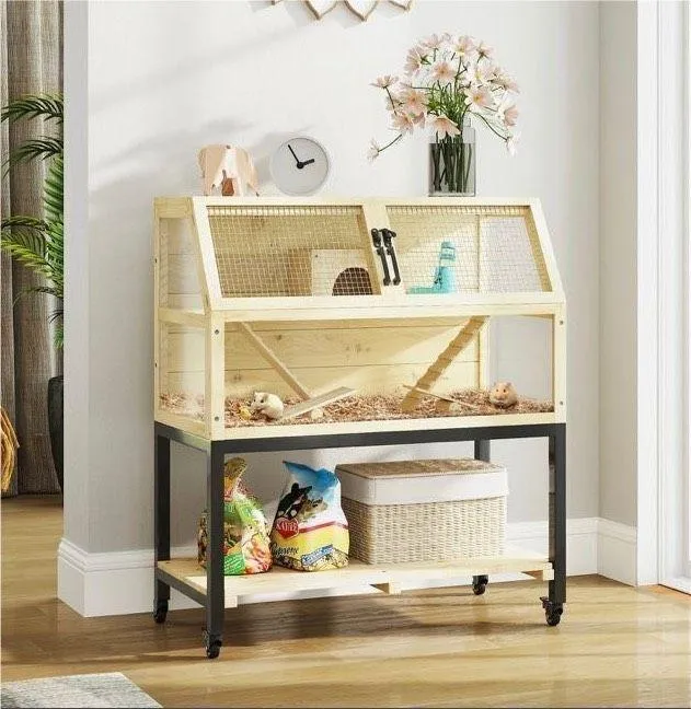 Hamsterkäfig Holz 2 Ebenen Kleintierkäfig Bewegbar Zubehör