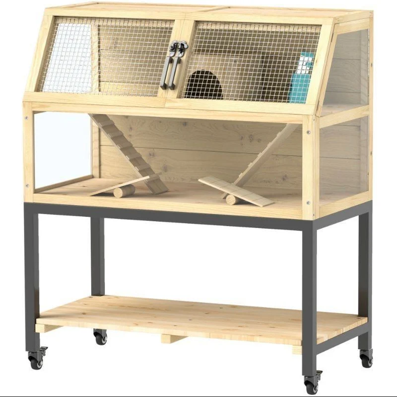 Hamsterkäfig Holz 2 Ebenen Kleintierkäfig Bewegbar Zubehör
