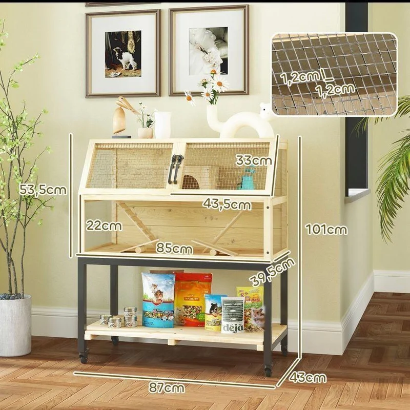 Hamsterkäfig Holz 2 Ebenen Kleintierkäfig Bewegbar Zubehör