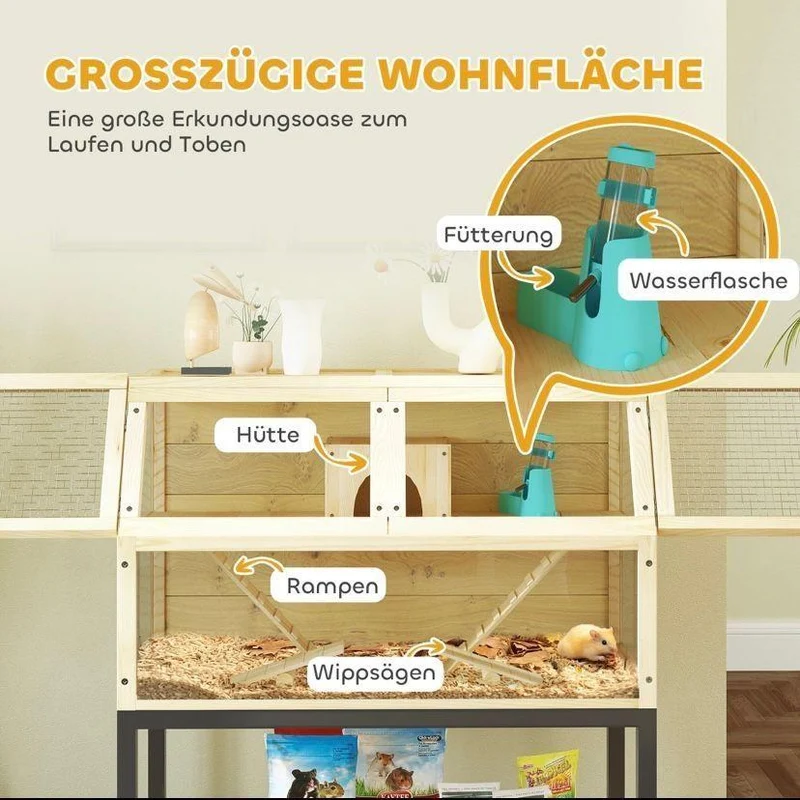 Hamsterkäfig Holz 2 Ebenen Kleintierkäfig Bewegbar Zubehör