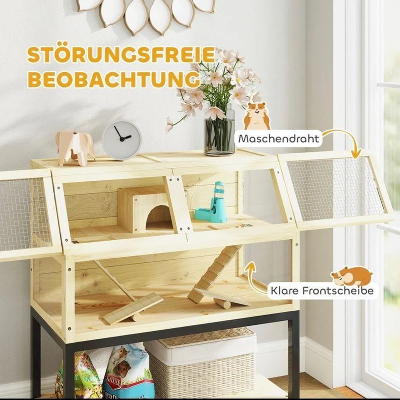 Hamsterkäfig Holz 2 Ebenen Kleintierkäfig Bewegbar Zubehör
