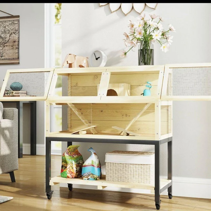 Hamsterkäfig Holz 2 Ebenen Kleintierkäfig Bewegbar Zubehör