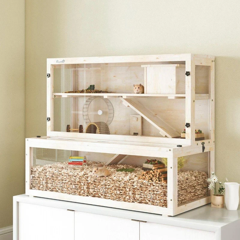 Hamsterkäfig Holz 3 Ebenen Kleintierkäfig Laufrad