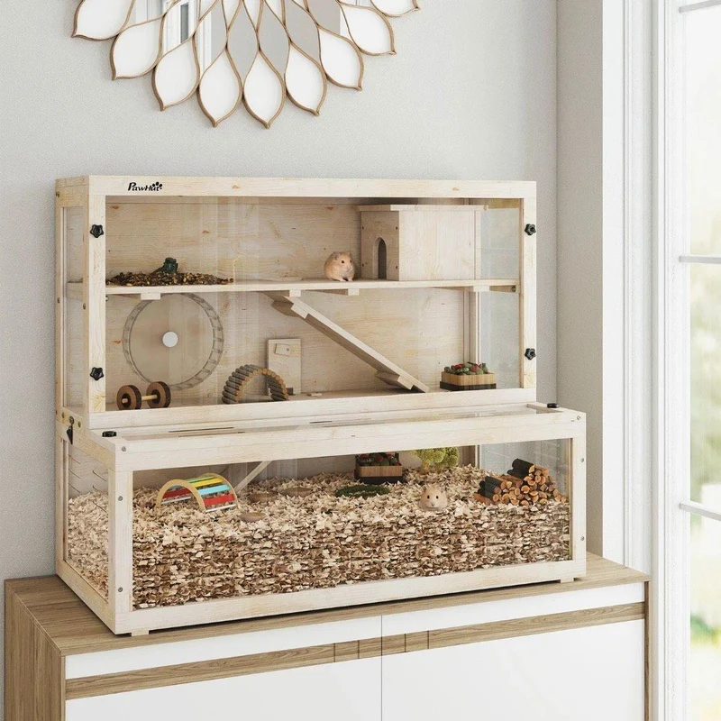 Hamsterkäfig Holz 3 Ebenen Kleintierkäfig Laufrad