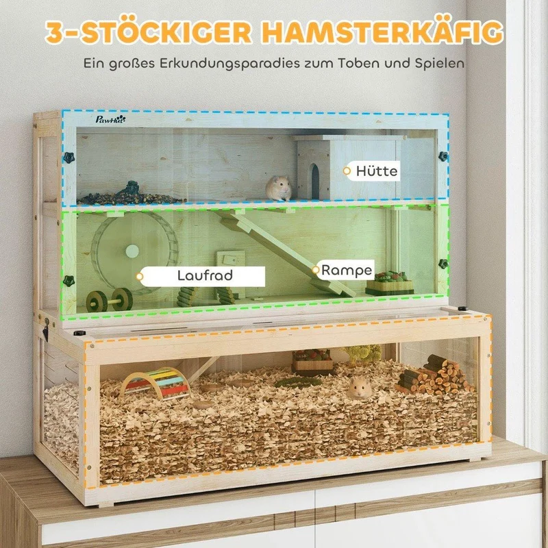 Hamsterkäfig Holz 3 Ebenen Kleintierkäfig Laufrad
