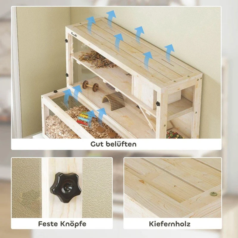 Hamsterkäfig Holz 3 Ebenen Kleintierkäfig Laufrad