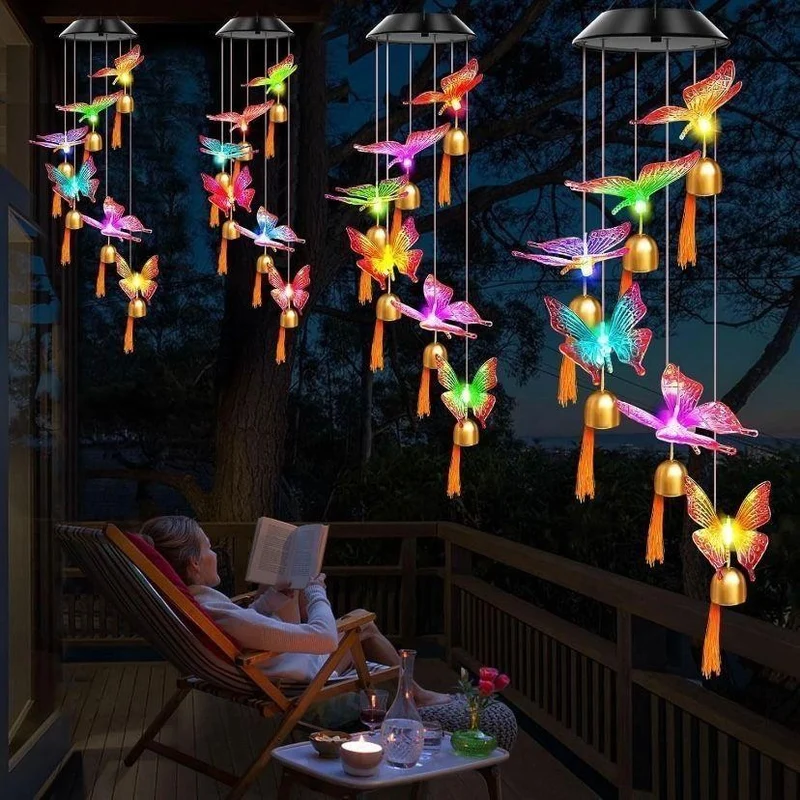 Solar Windspiel Schmetterlinge LED Garten Windspiel mit Glöckchen