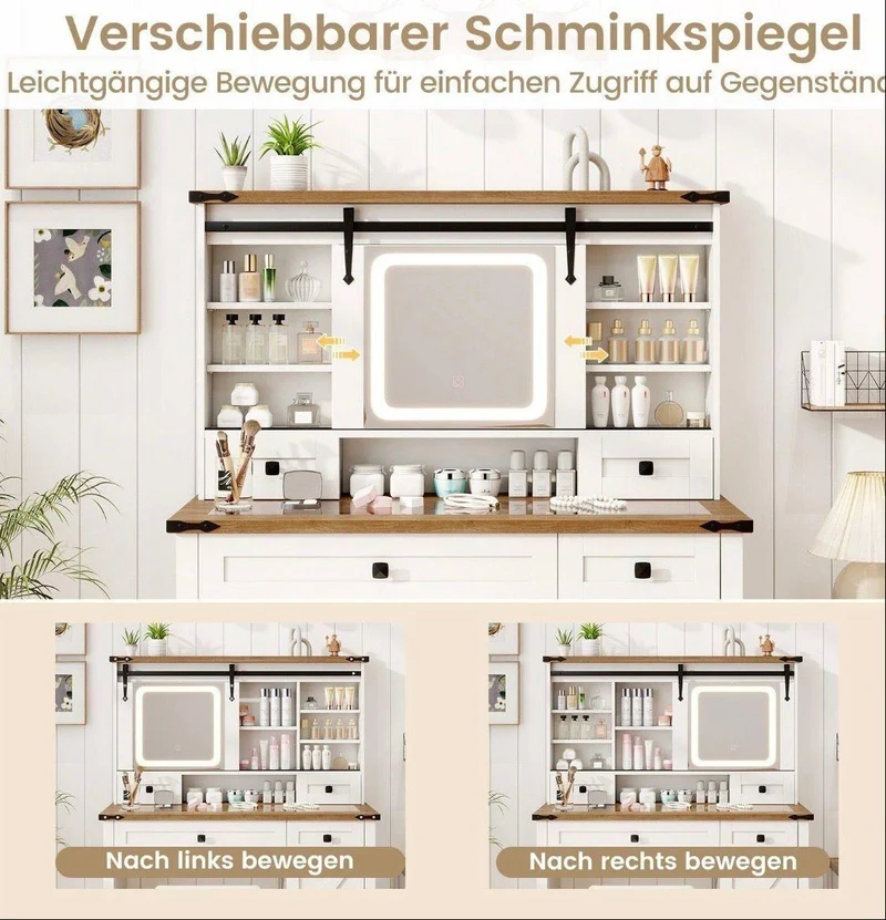 Schminktisch LED Spiegel Frisiertisch mit Hocker Weiß
