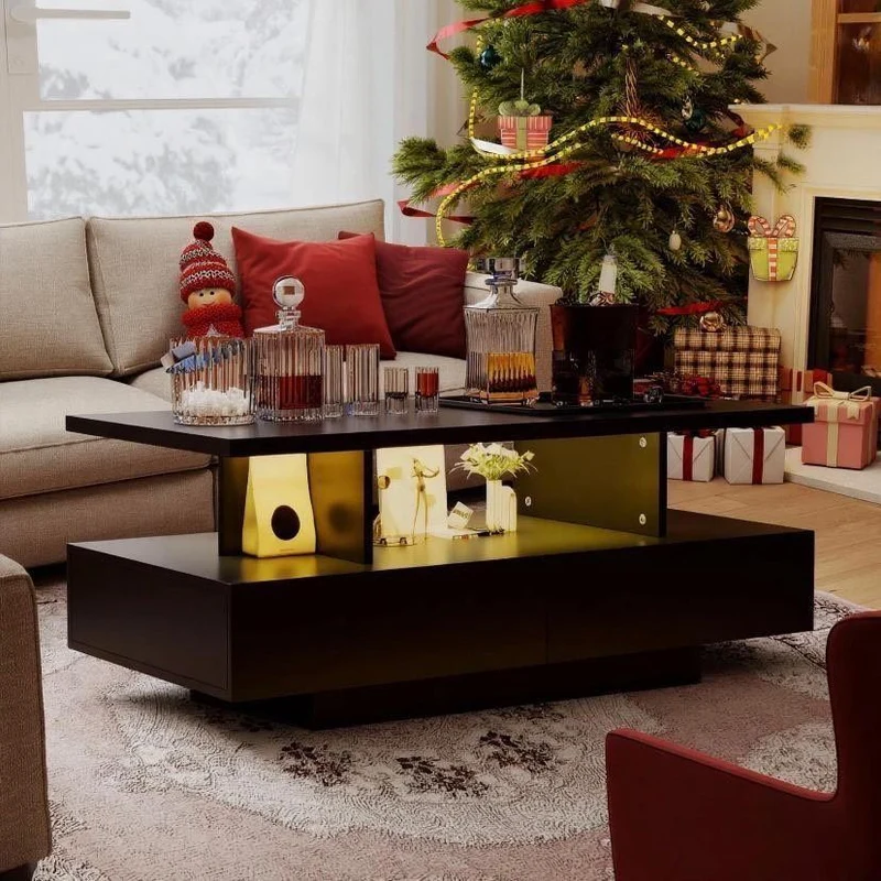 LED Couchtisch Schwarz Wohnzimmertisch mit Schubladen