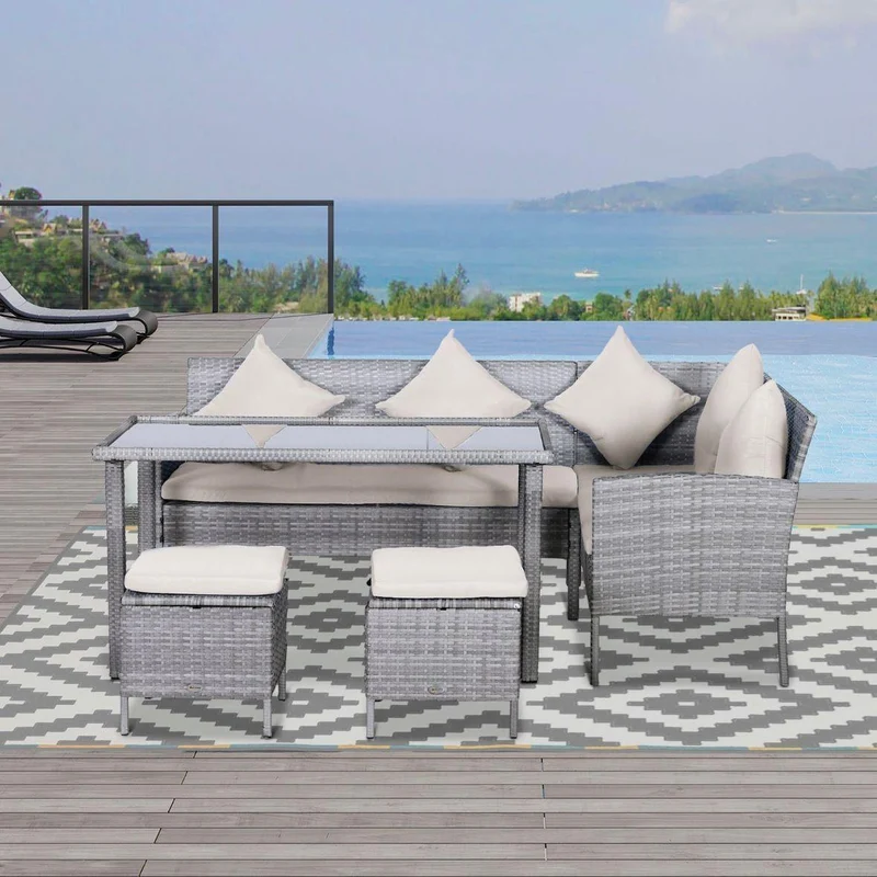 5tlg Polyrattan Gartenmöbel Set Lounge Tisch Hocker