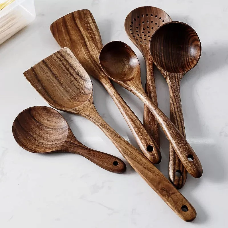 NordTeak 7-teiliges Küchenhelfer-Set – hochwertige Teakholz-Küchenhelfer für stilvolles und vielseitiges Kochen