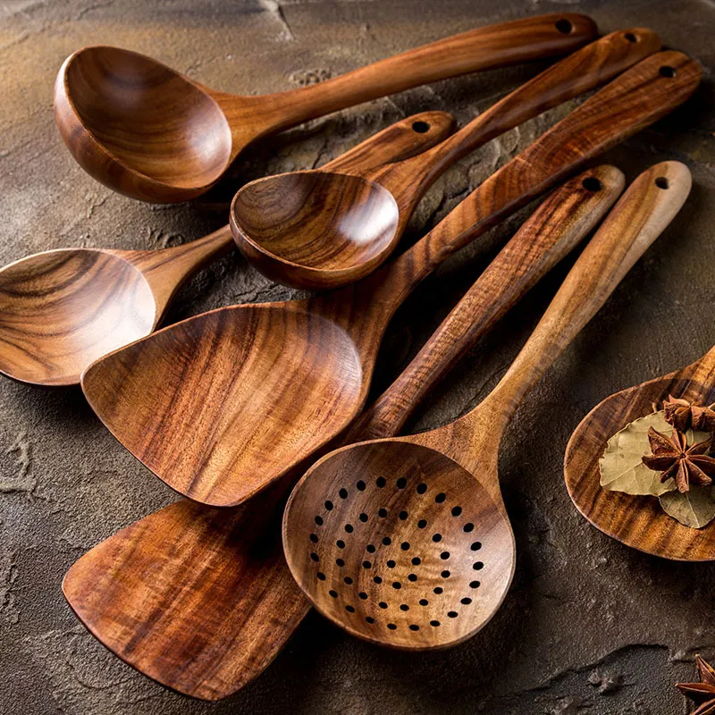 NordTeak 7-teiliges Küchenhelfer-Set – hochwertige Teakholz-Küchenhelfer für stilvolles und vielseitiges Kochen