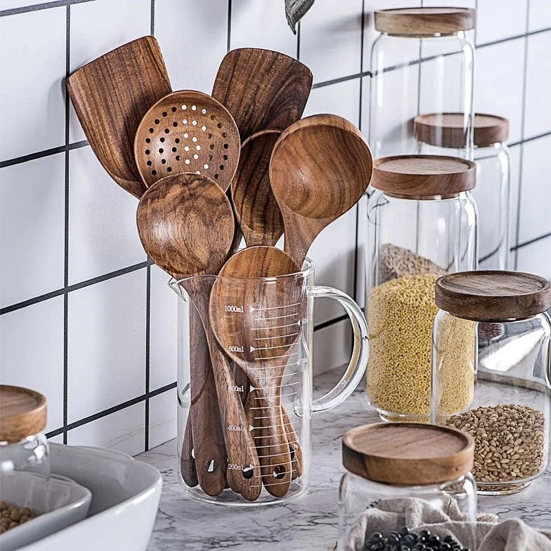 NordTeak 7-teiliges Küchenhelfer-Set – hochwertige Teakholz-Küchenhelfer für stilvolles und vielseitiges Kochen