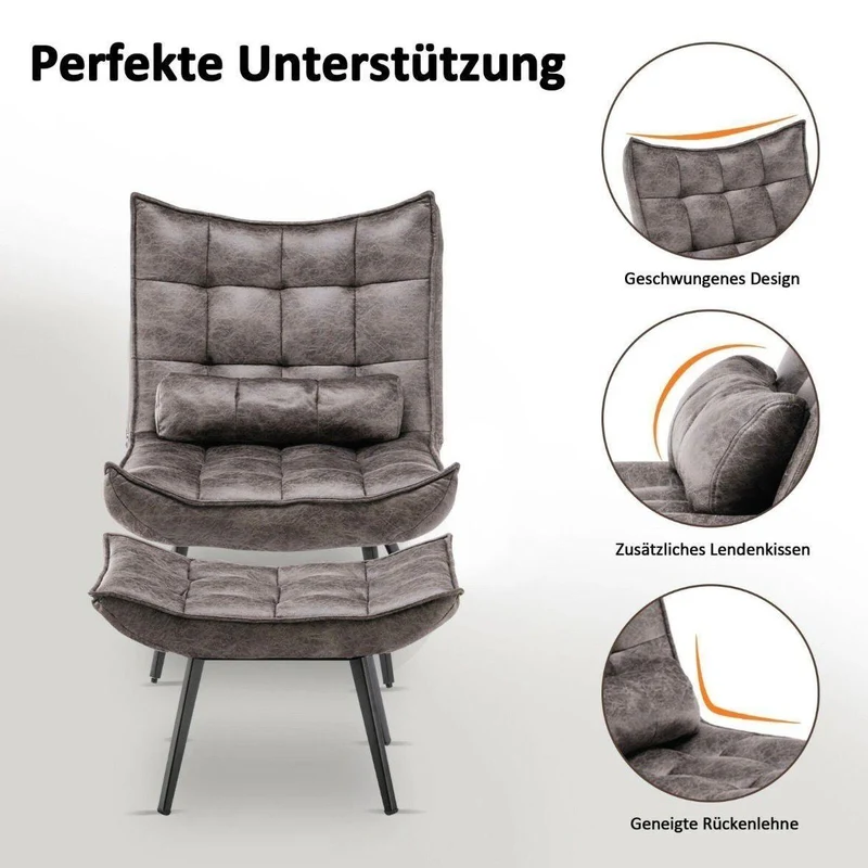 Relaxsessel mit Hocker grau Fernsehsessel Loungesessel Retro