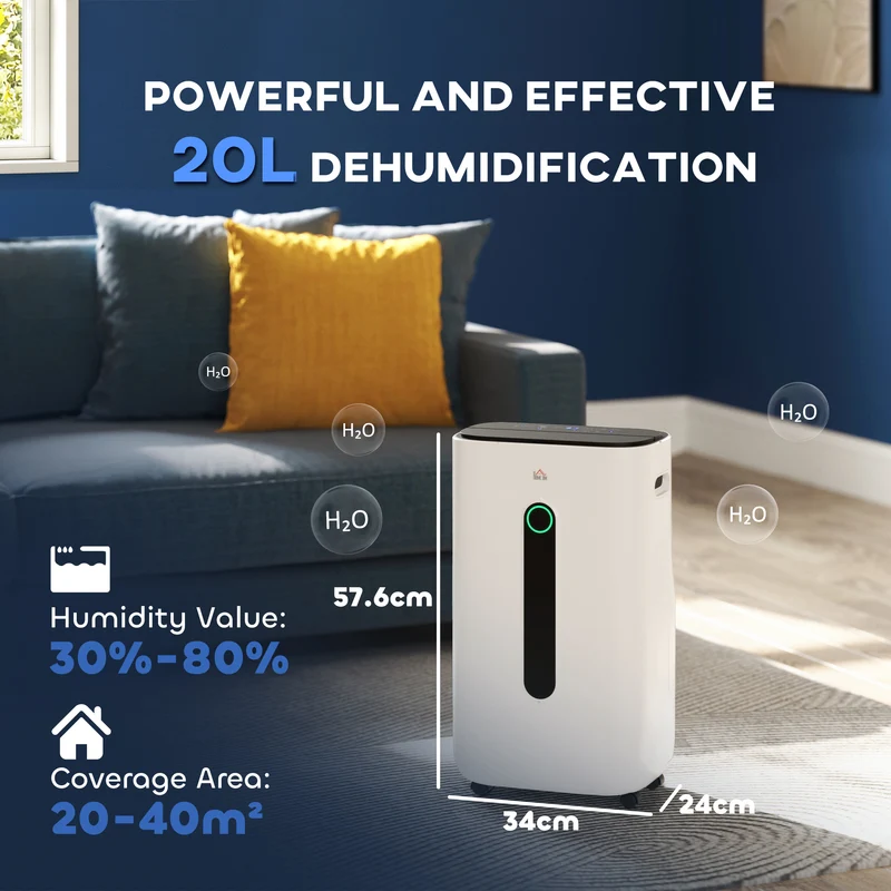 20L/Day Dehumidifier with Air Purifier and HEPA Filter for Home Laundry Basement, White
