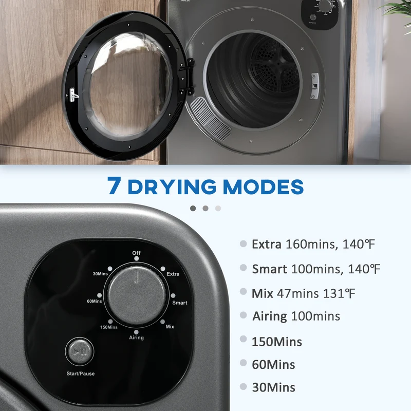 3.22 Cu. Ft. Portable Dryer w/7 Modes & 13.2lbs Capacity, 1300W Electric Tumble Dryer, Grey