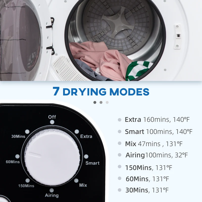 3.22 Cu. Ft. Portable Dryer w/7 Modes & 13.2lbs Capacity, 1300W Electric Tumble Dryer, White