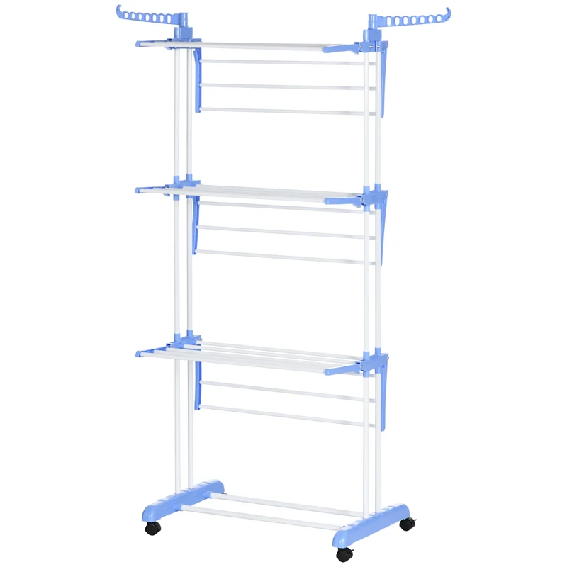 4-Tier Steel Laundry Racks for Drying Clothes with 2 Side Wings and 4 Castors, Blue