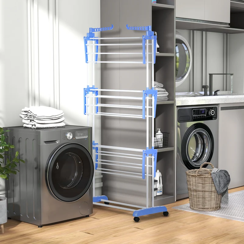 4-Tier Steel Laundry Racks for Drying Clothes with 2 Side Wings and 4 Castors, Blue