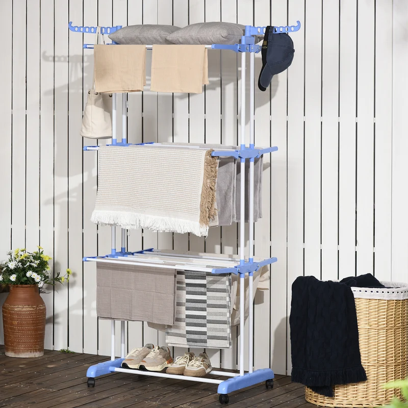 4-Tier Steel Laundry Racks for Drying Clothes with 2 Side Wings and 4 Castors, Blue