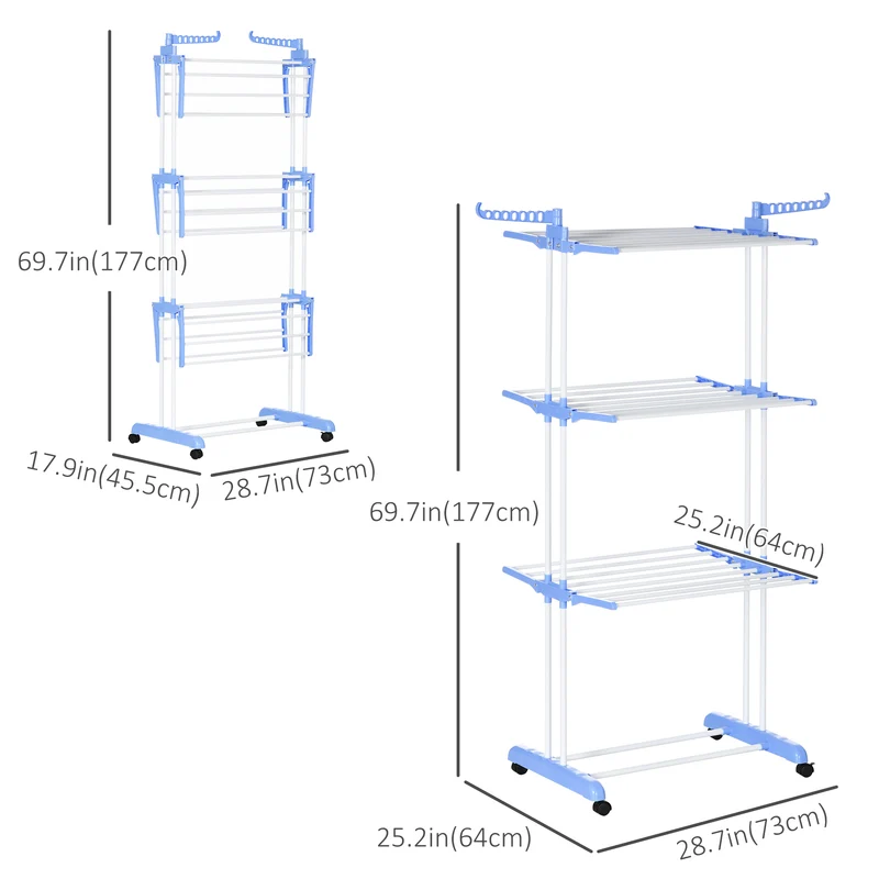 4-Tier Steel Laundry Racks for Drying Clothes with 2 Side Wings and 4 Castors, Blue