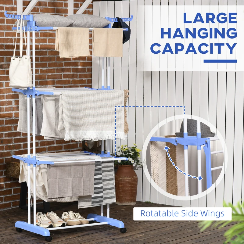 4-Tier Steel Laundry Racks for Drying Clothes with 2 Side Wings and 4 Castors, Blue