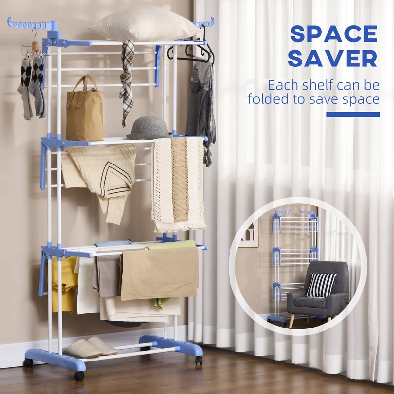 4-Tier Steel Laundry Racks for Drying Clothes with 2 Side Wings and 4 Castors, Blue